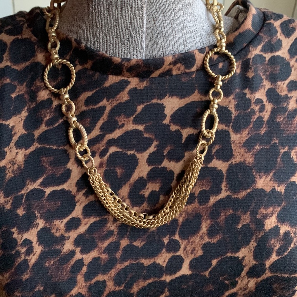 Rosa Flores antique gold toned necklace w/ multi chainlinks, loops, strands- 1st